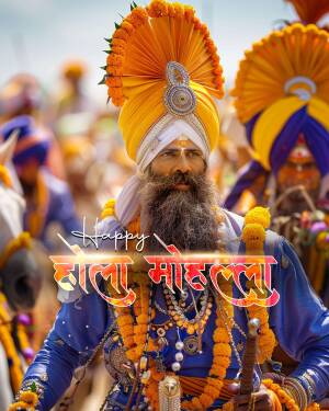 A Sikh man in traditional attire with a large turban and orange garlands, celebrating Hola Mohalla.