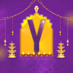 Golden 'Y' letter in an ornate frame with Diwali lamps