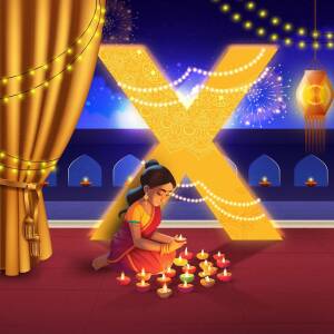 A woman lighting diyas around a large golden 'X' during a Diwali celebration.