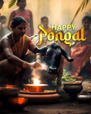 A woman performing Pongal rituals with a black bull and traditional decorations.