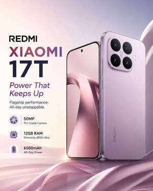 Xiaomi Redmi 17T smartphone in a light purple color with product specs listed on a soft gradient background.