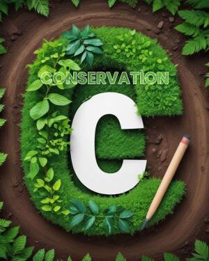 Letter 'C' formed from grass and soil with the word 'CONSERVATION' and a pencil