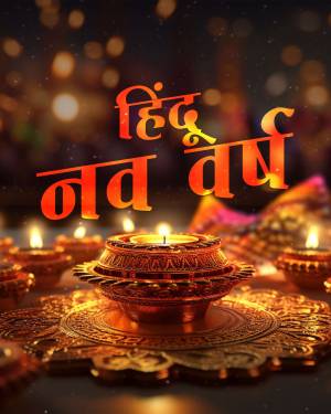 Hindu New Year greeting with lit diyas