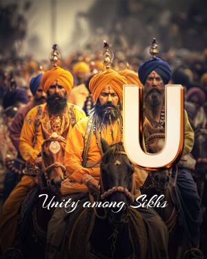 Sikh warriors with a large letter 'U' and text 'Unity among Sikhs'