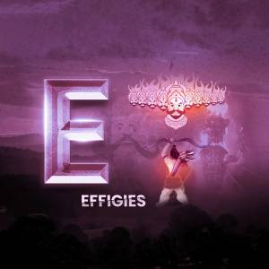 Letter E with an image of a Ravana effigy and a temple background