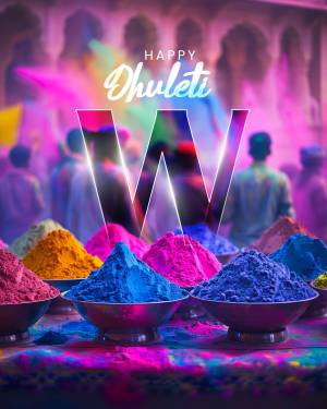 Colorful Dhulandi festival with vibrant powder and a large 'W' letter