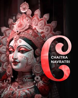 Close-up of Goddess Durga idol with 'Chaitra Navratri' text