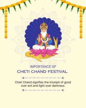 Illustration of Lord Jhulelal with text about Cheti Chand Festival