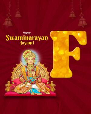 Swaminarayan Jayanti greeting with a portrait of Swaminarayan and a golden letter 'F'