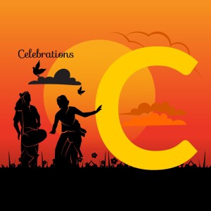 Silhouette of people celebrating with a large letter C and a sunset background