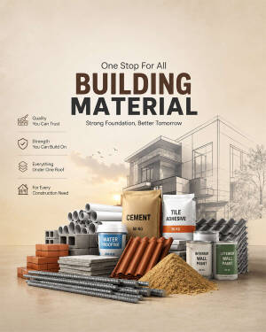 A collection of construction materials including cement, paint, bricks, and tiles against an architectural building sketch background.