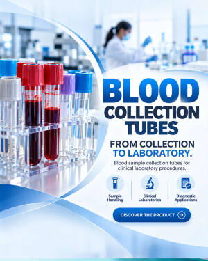 A medical poster showing blood collection tubes and a laboratory scientist in the background.