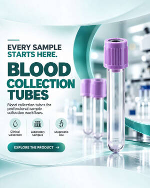 A laboratory display featuring purple-capped blood collection tubes with diagnostic icons and text.