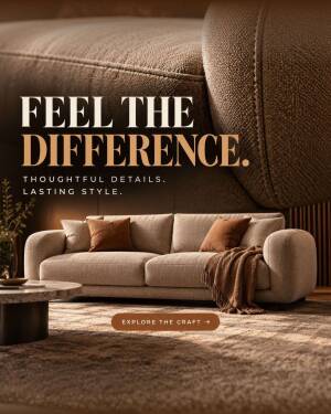 A beige modern sofa in a cozy living room with text overlay Feel the Difference