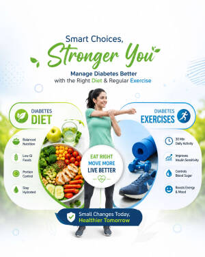 A woman exercising with a healthy plate of food, promoting diabetes management through diet and exercise.
