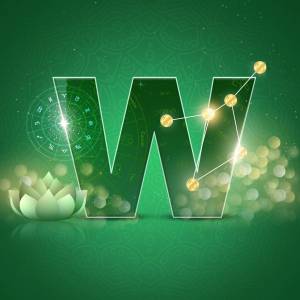 Letter W with astrological symbols and a lotus flower on a green background