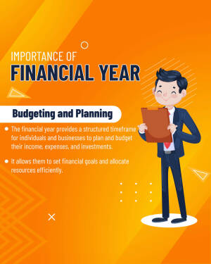 Illustration of a businessman with a clipboard explaining the importance of financial year and budgeting.