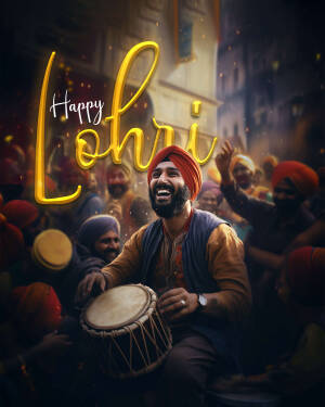 A joyful Lohri celebration with a man playing the dhol and people dancing in the background.