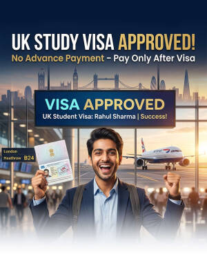 Happy Indian student celebrating UK visa approval at London airport with passport in hand