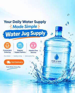 A large water jug with water splashing, advertising a water supply delivery service.