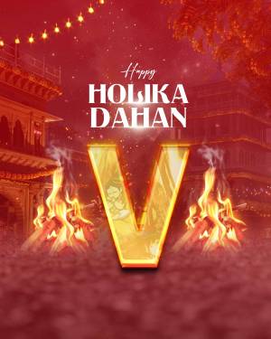 Holika Dahan celebration with a large 'V' symbol and bonfire