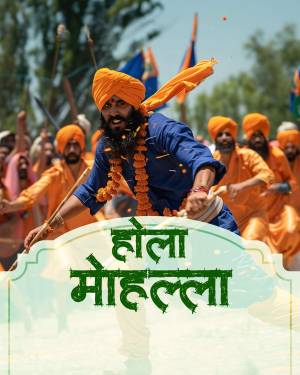 Sikh Nihang warriors celebrating Holi Mohalla with traditional weapons and orange turbans.