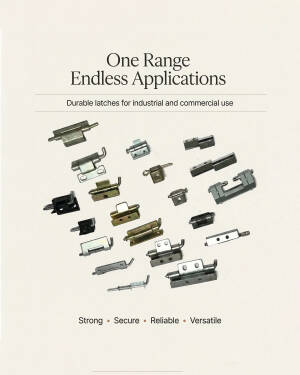 Various types of metallic latches and hinges arranged on a plain light background