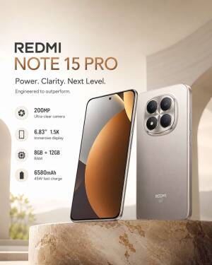 Redmi Note 15 Pro mobile phone showcasing design and specifications