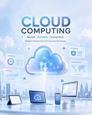 Futuristic cloud computing concept with server data visualization on various devices against a city skyline