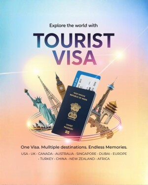 Indian passport surrounded by world landmarks and an airplane ticket on a colorful gradient background