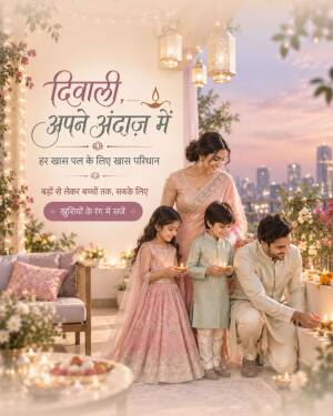 A happy family in traditional Indian attire celebrating Diwali on a terrace at sunset.