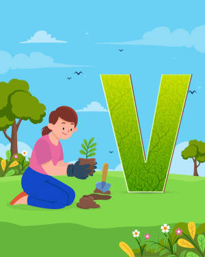 Illustration of a girl planting a seedling next to a large green letter V made of leaves.