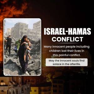 Image depicting the aftermath of the Israel-Hamas conflict, showing a mother carrying a child amidst rubble.