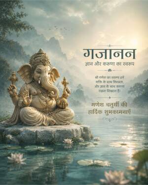 A peaceful artistic depiction of Lord Ganesha sitting on a rock in a serene lake during Ganesh Chaturthi, featuring Hindi text and lotus flowers.