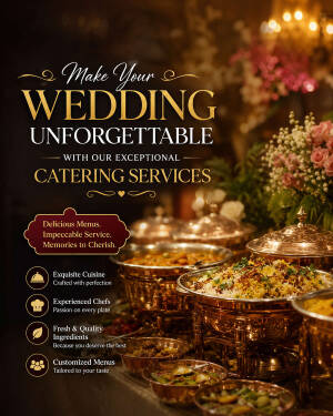 Elegant buffet setup for a wedding featuring catering service promotional text