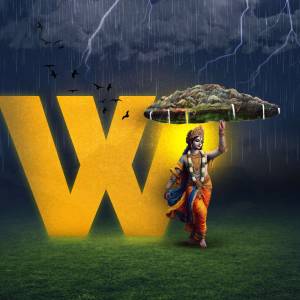 Digital art depicting Lord Krishna holding the earth under a stormy sky