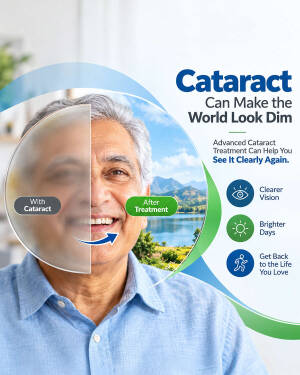 An infographic illustrating vision improvement before and after cataract treatment for an elderly man.