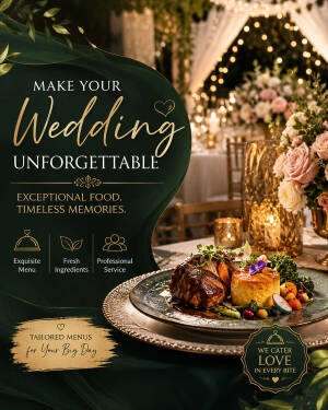 A gourmet wedding dish on a table with golden table decor and wedding flowers in the background