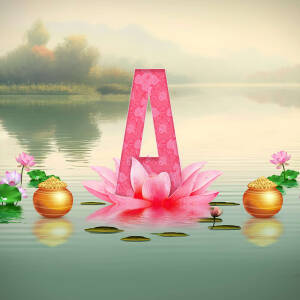 Letter A formed by a pink lotus flower floating on water with golden bowls and more lotus flowers in the background.