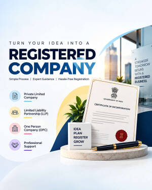Infographic showing the process of business incorporation in India with icons for Private Limited, LLP, and OPC.