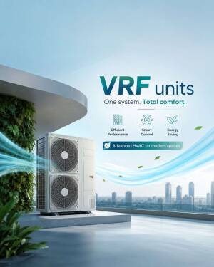 A white VRF HVAC unit on a building balcony overlooking a cityscape, representing smart, energy-efficient comfort.