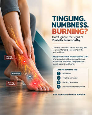 A person holding their foot experiencing symptoms of diabetic neuropathy like tingling, numbness, and burning sensations shown with medical graphics.