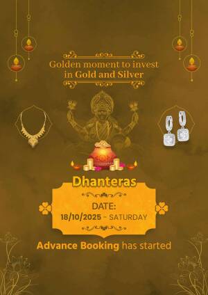 Dhanteras promotional image featuring Goddess Lakshmi, gold and silver jewelry, and event details.