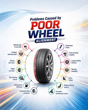 Infographic showing the negative impacts of poor wheel alignment on a vehicle