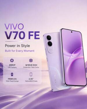 Vivo V70 FE smartphone displaying specifications and stylish design