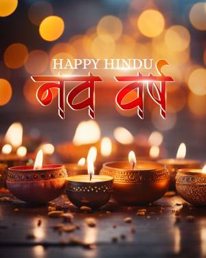 Image depicting lit diyas and text 'Happy Hindu Nav Varsh'