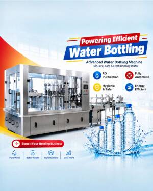 A high-tech automated water bottling machine with water bottles in the foreground.