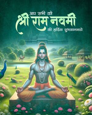 Image depicting Lord Rama in a meditative pose with a festive background for Shri Ram Navami.