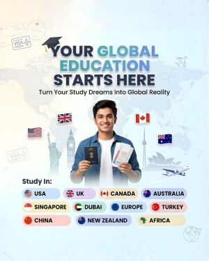 A smiling student holding a passport and travel documents surrounded by international flags and global travel icons, promoting international education.