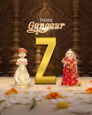 Gangaur festival greeting with traditional dolls and floral decorations